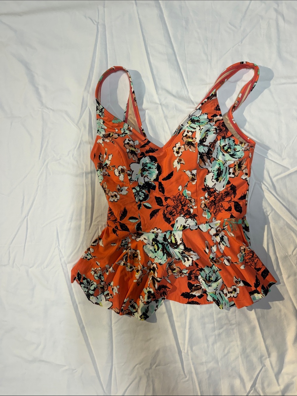 Floral V-Neck One-Piece Swimsuit with Peplum in Orange